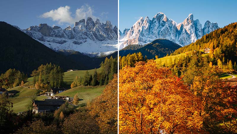 Retouche photo Photo avant-après d'un paysage de montagne retouché